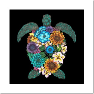 Floral Turtle Black Background Posters and Art